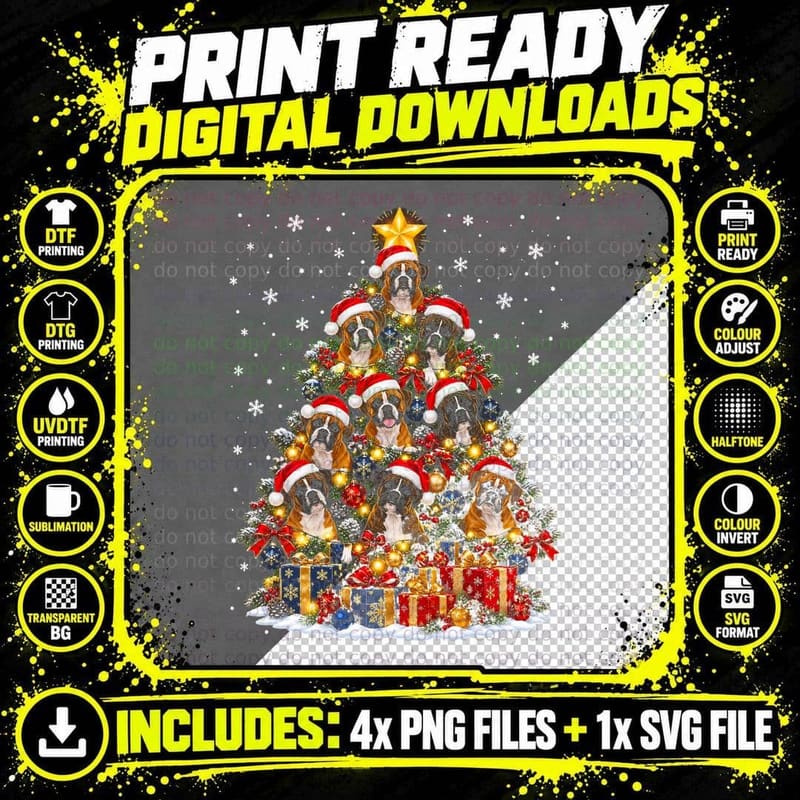 Boxer Dog Christmas Tree Santa Hats Presents Cute Dog Png SVG Digital Bundle