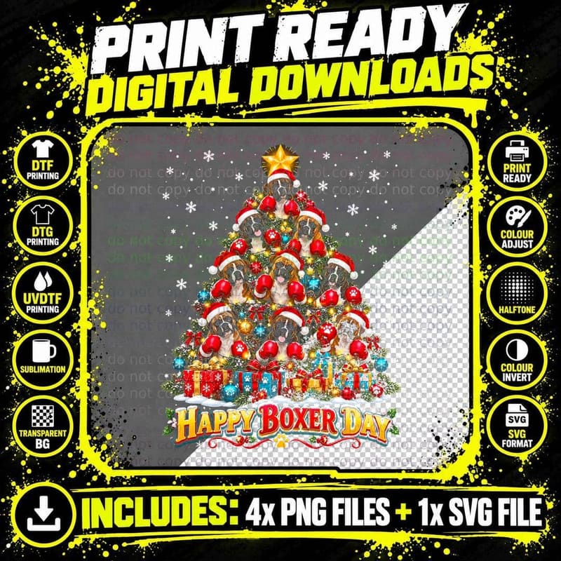 Boxer Dog Happy Boxer Day Christmas Tree Boxing Gloves Png SVG Digital Bundle
