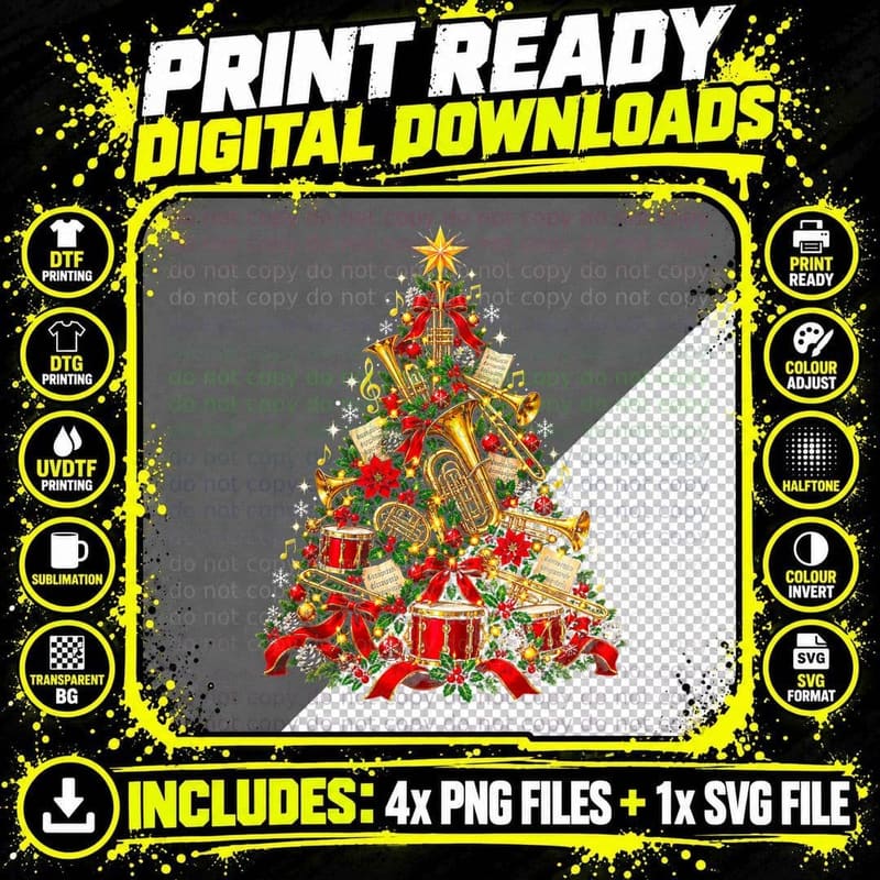 Brass Band Christmas Tree Trumpets Drums Carol Music Png SVG Digital Bundle
