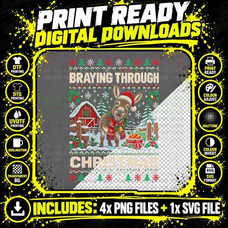 Braying Through Christmas Donkey Barn Ugly Sweater Funny Png SVG Digital Bundle