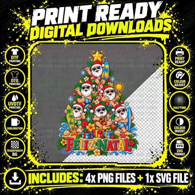 Brazilian Beach Santa Christmas Tree Feliz Natal Surfing Png SVG Digital Bundle