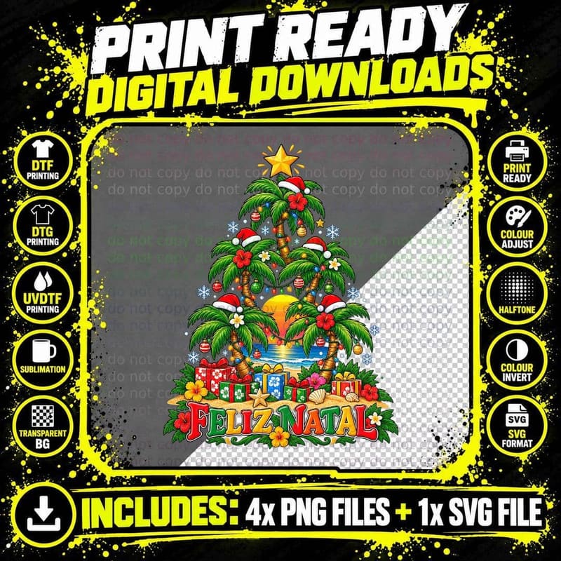 Brazilian Palm Tree Christmas Feliz Natal Tropical Beach Png SVG Digital Bundle