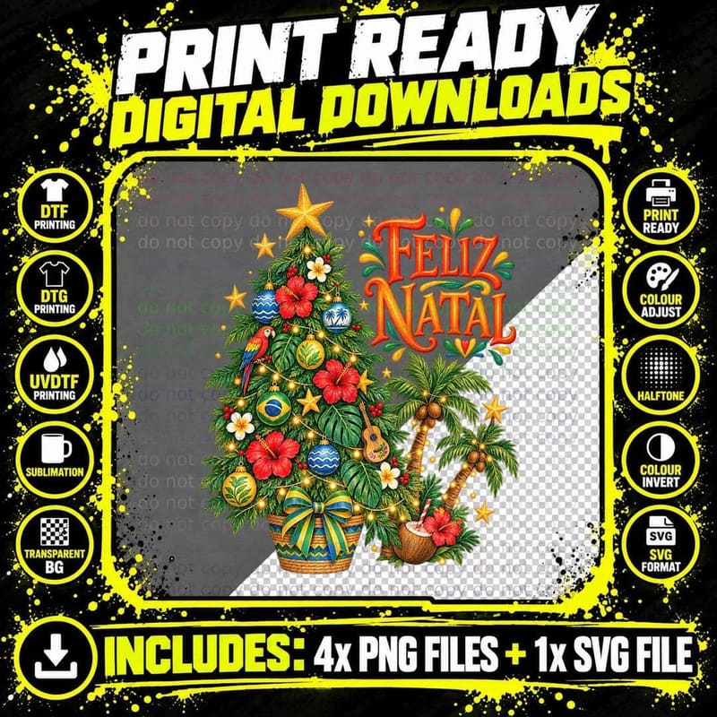 Brazilian Palm Tree Christmas Watercolour Feliz Natal Png SVG Digital Bundle