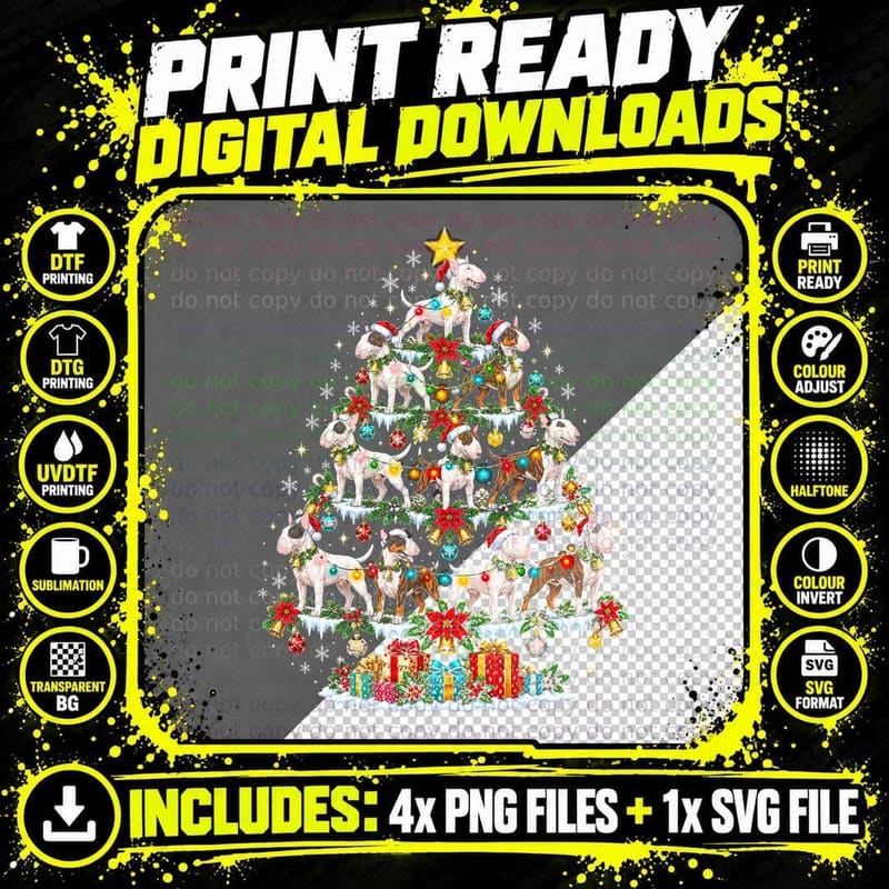 Bull Terrier Christmas Tree Retro Santa Dog Holiday Png SVG Digital Bundle