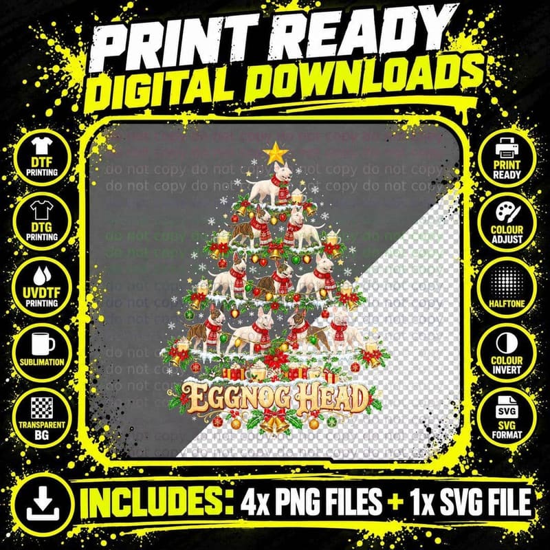 Bull Terrier Eggnog Head Christmas Retro Funny Dog Png SVG Digital Bundle