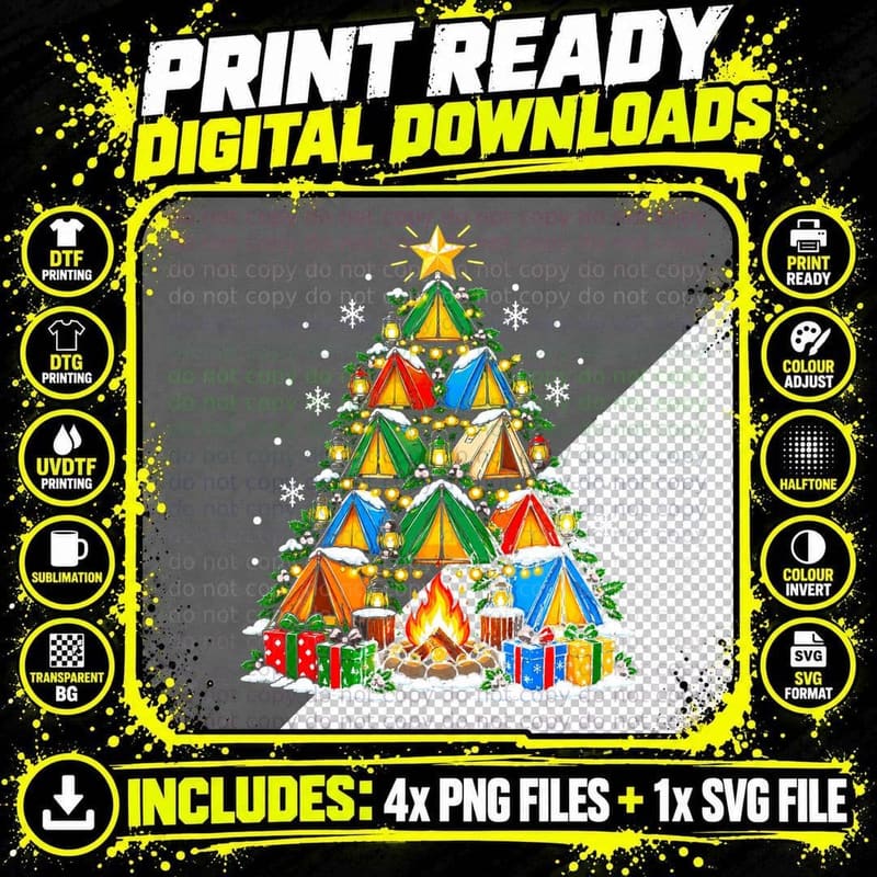 Camping Christmas Tree Tents Campfire Happy Camper Happy Png SVG Digital Bundle