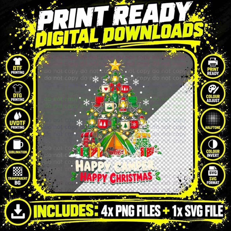 Camping Equipment Christmas Tree Tent Lantern Mugs Png SVG Digital Bundle