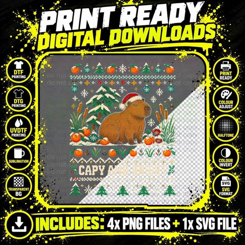 Capy And Bright Capybara Santa Hat Christmas Ugly Png SVG Digital Bundle