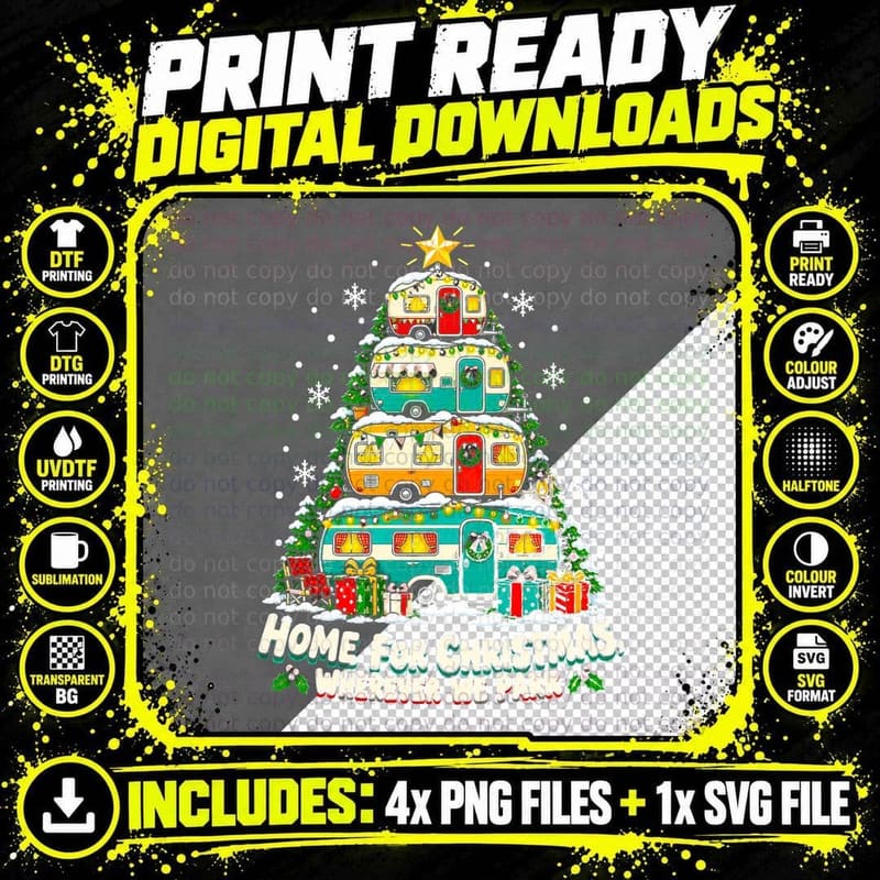 Caravan Christmas Tree Home for Christmas Wherever We Png SVG Digital Bundle