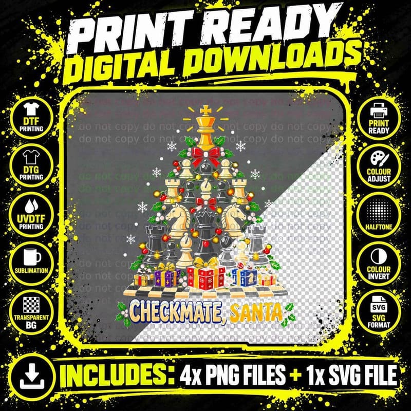 Checkmate Santa Chess Christmas Tree Chess Pieces Board Png SVG Digital Bundle