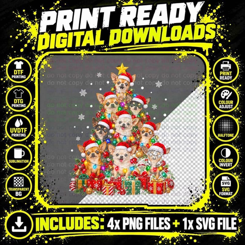 Chihuahua Christmas Tree Santa Hats Tiny Dog Funny Xmas Png SVG Digital Bundle