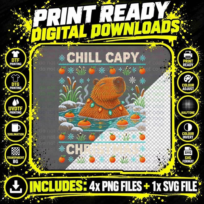 Chill Capy Christmas Capybara Pond Ugly Sweater Funny Png SVG Digital Bundle