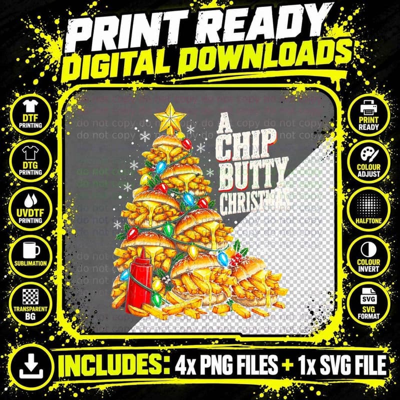 Chip Butty Christmas Tree Funny British Food Lover Xmas Png SVG Digital Bundle