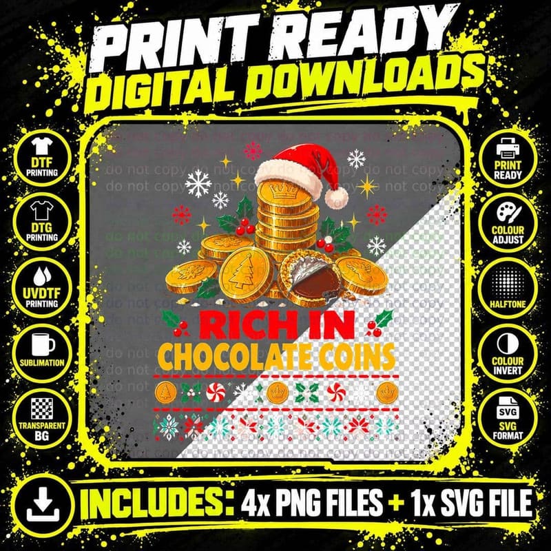 Chocolate Coins Christmas Ugly Sweater Funny Money Pun Png SVG Digital Bundle