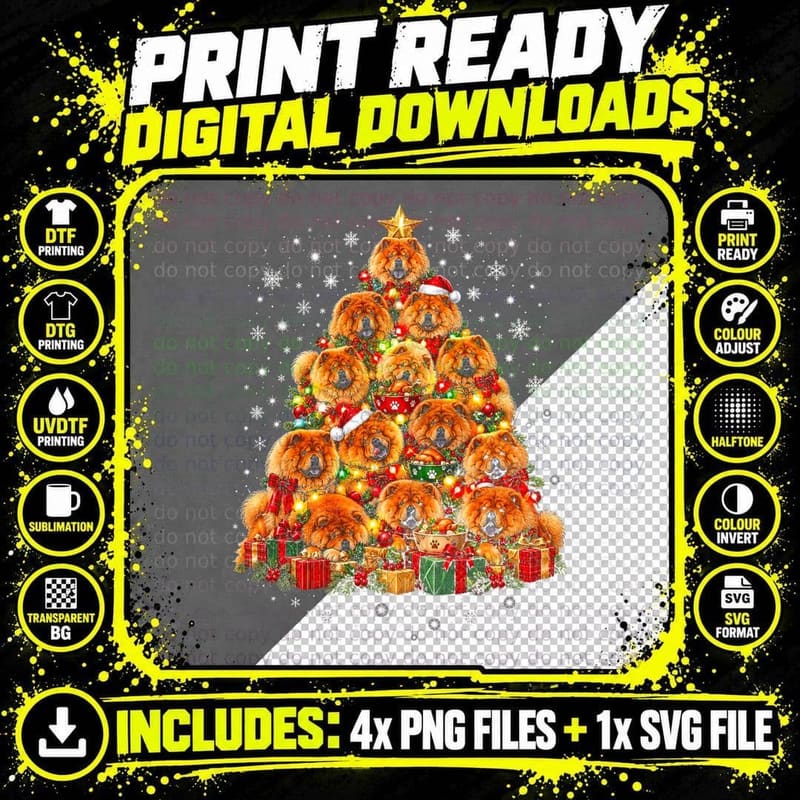 Chow Chow Christmas Funny Fluffy Dog Holiday Watercolor Png SVG Digital Bundle