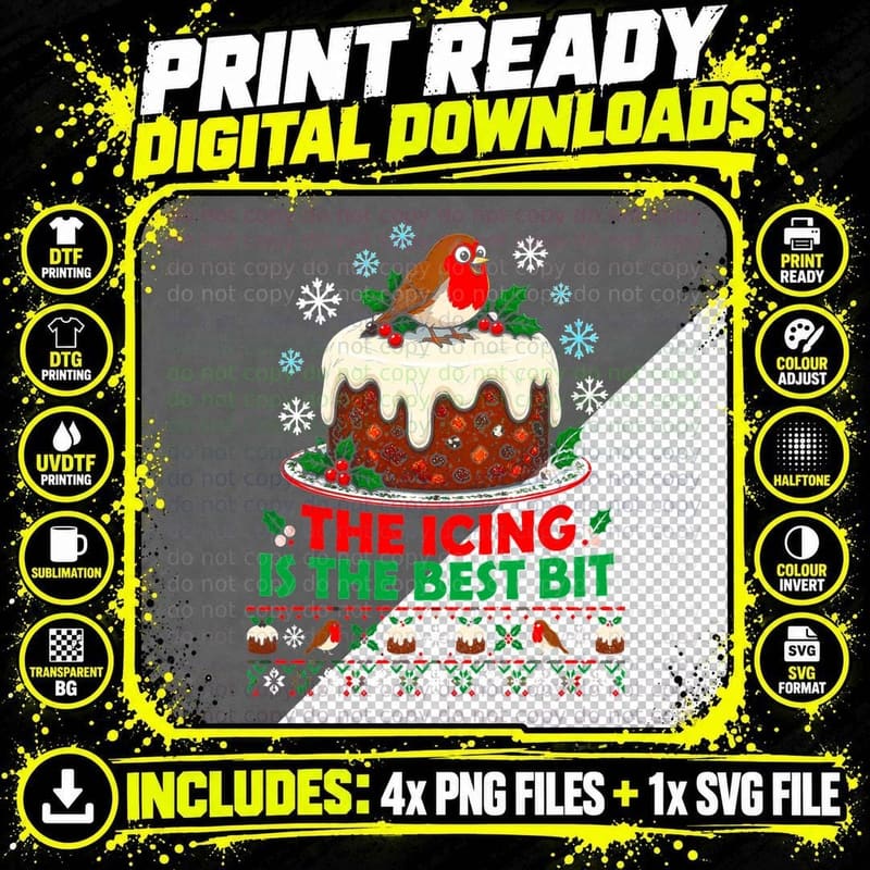 Christmas Cake Ugly Sweater Robin Bird British Food Png SVG Digital Bundle