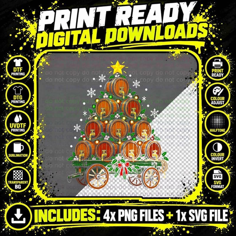 Christmas Cask Tree Real Ale Barrels on Cart Beer Lover Png SVG Digital Bundle