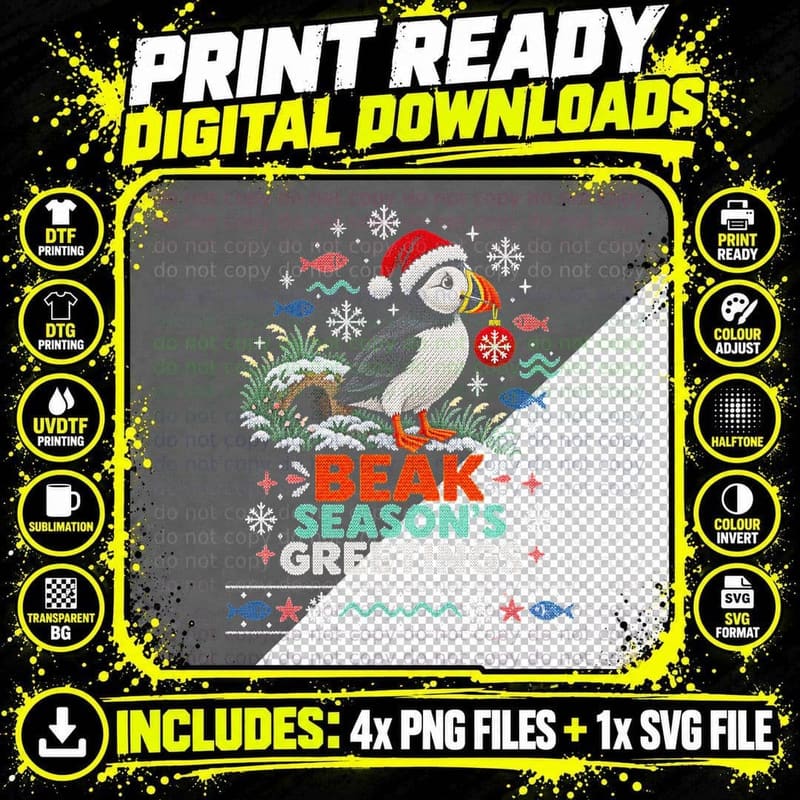 Christmas Puffin Ugly Sweater Atlantic Seabird Coastal Png SVG Digital Bundle