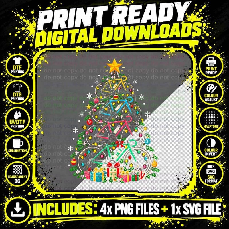 Christmas on Two Wheels Bicycle Christmas Tree Cyclist Png SVG Digital Bundle