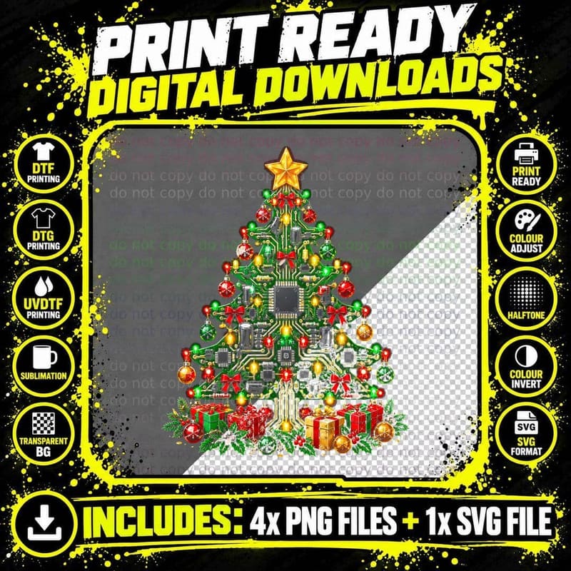Circuit Board Christmas Tree Computer Chip Techie Geek Png SVG Digital Bundle