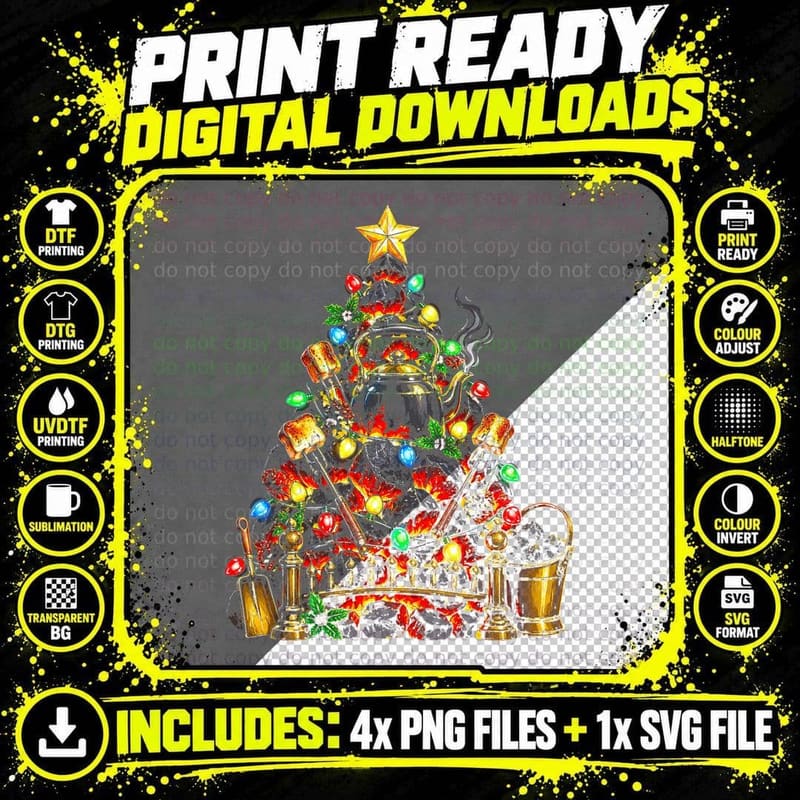 Coal Fire Kettle Christmas Tree Retro Cottagecore Png SVG Digital Bundle