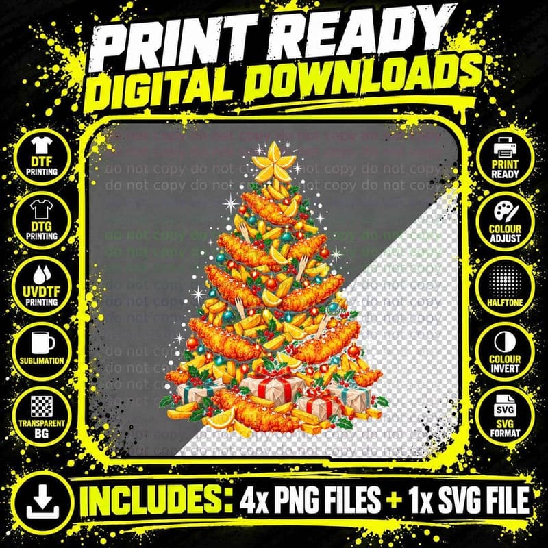 Cod and Chips Christmas Tree Fish and Chips Lover Funny Png SVG Digital Bundle