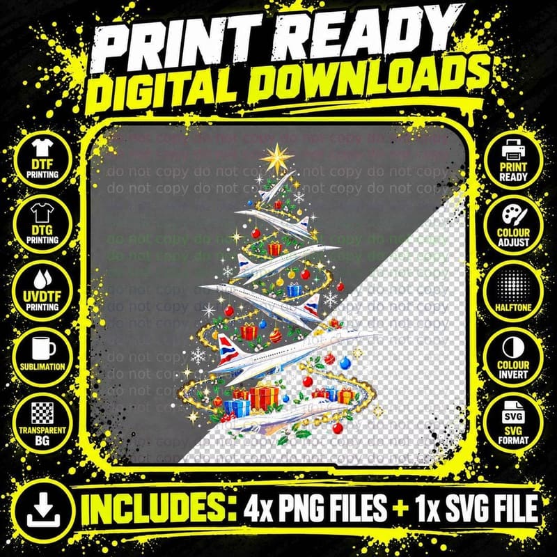 Concorde Christmas Tree Supersonic Jet Aviation Lover Png SVG Digital Bundle
