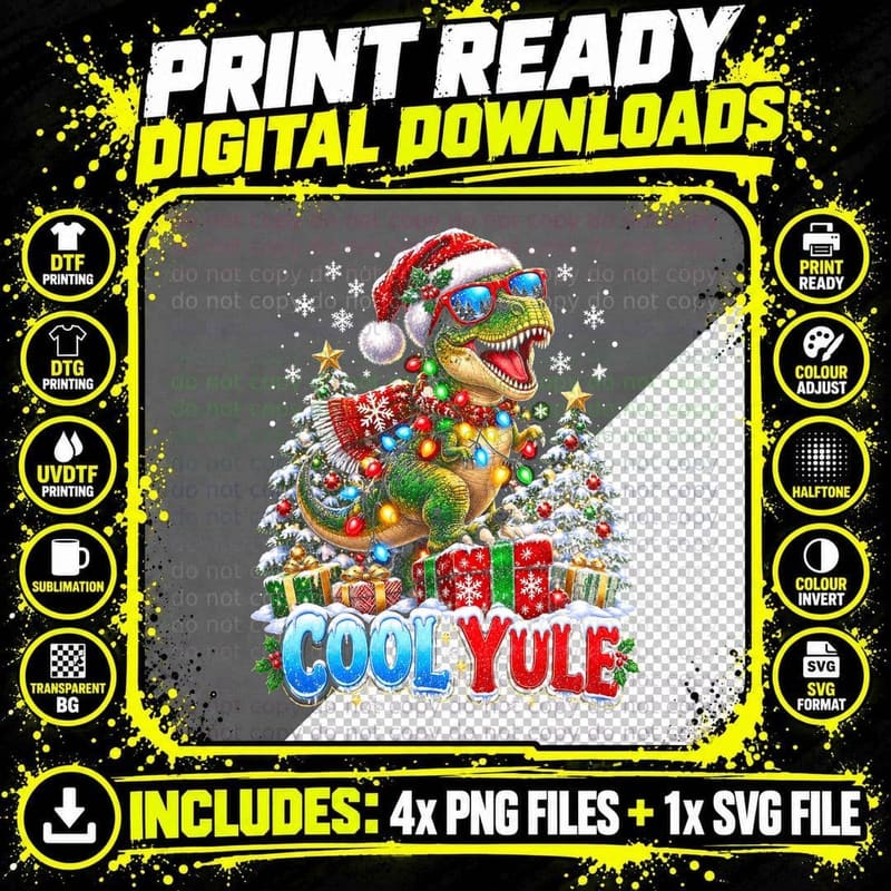 Cool Yule Christmas T Rex Dinosaur Santa Hat Sunglasses Png SVG Digital Bundle