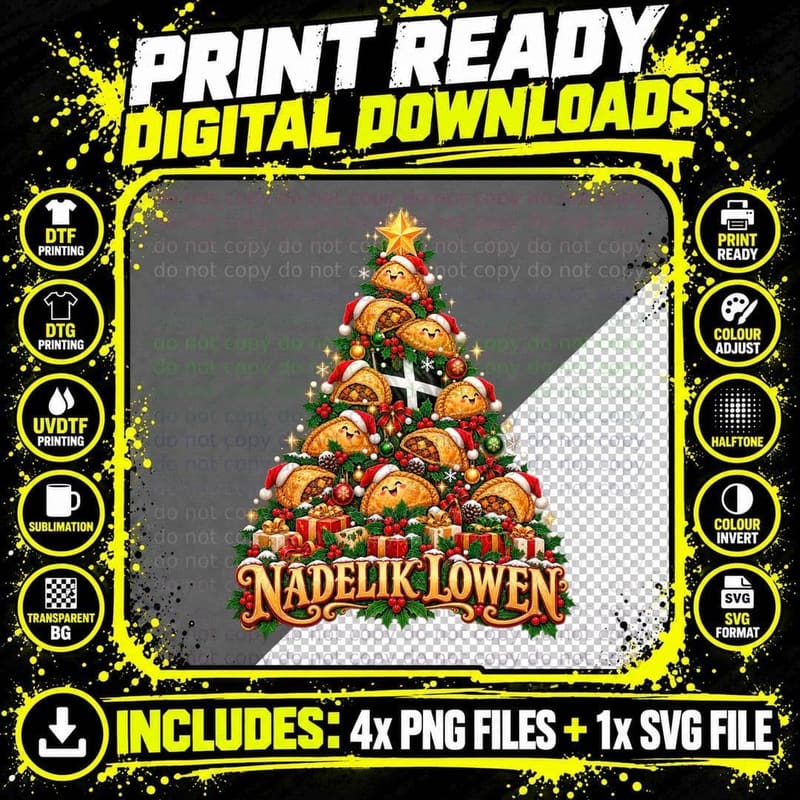 Cornish Pasty Christmas Tree Cornwall Nadelik Lowen Food Png SVG Digital Bundle