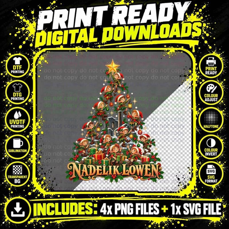 Cornish Pixie Christmas Tree Vintage Nadelik Lowen Png SVG Digital Bundle