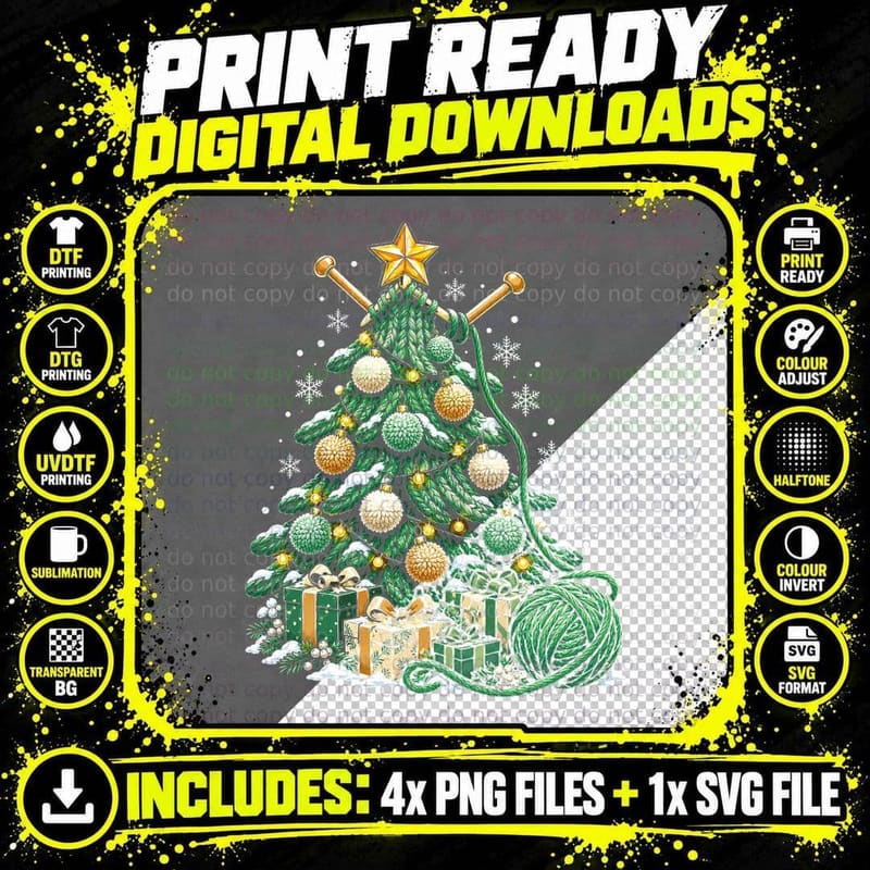 Crochet Stitched Evergreen Christmas Tree Green Yarn Png SVG Digital Bundle