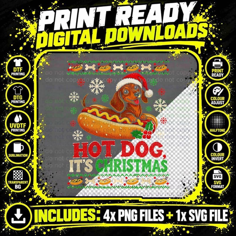 Dachshund Hot Dog Bun Santa Hat Christmas Ugly Sweater Png SVG Digital Bundle