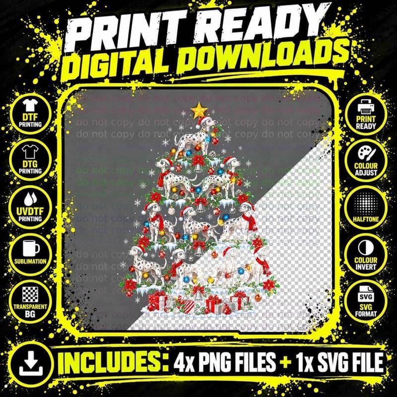Dalmatian Christmas Tree Retro Spotted Dog Santa Holiday Png SVG Digital Bundle