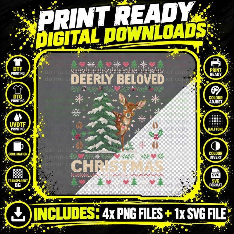 Deerly Beloved Deer Pine Tree Christmas Ugly Sweater Png SVG Digital Bundle