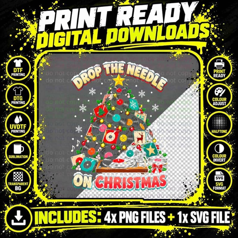 Drop the Needle on Christmas Vinyl Records Turntable Png SVG Digital Bundle