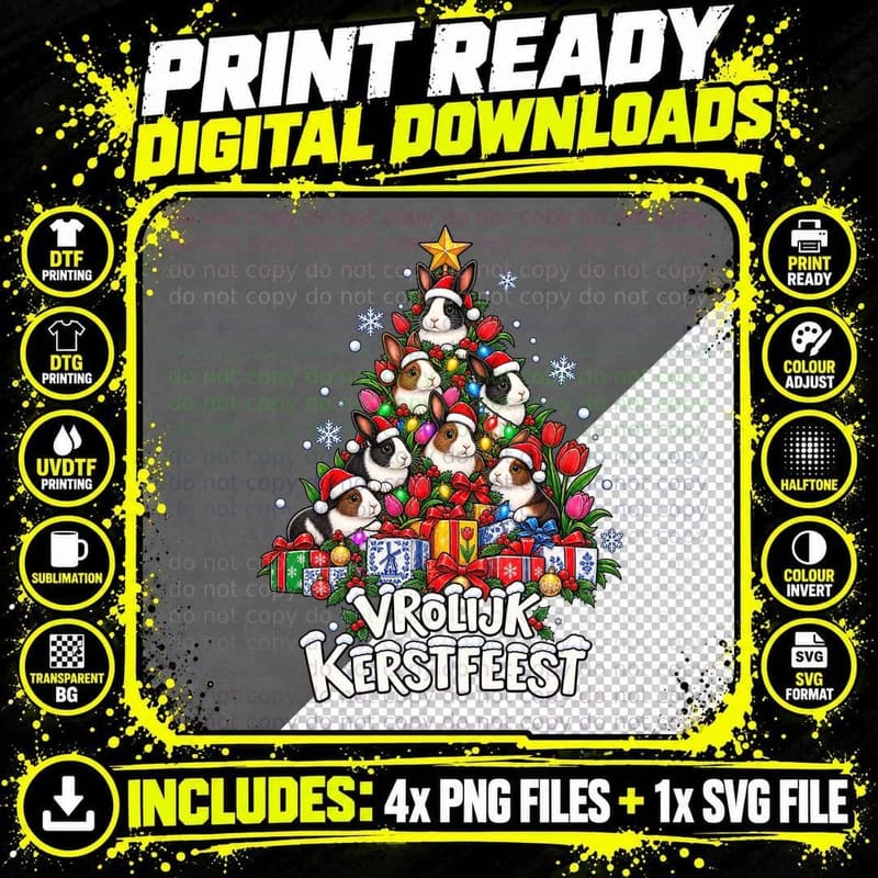 Dutch Rabbit Christmas Tree Vrolijk Kerstfeest Cute Png SVG Digital Bundle