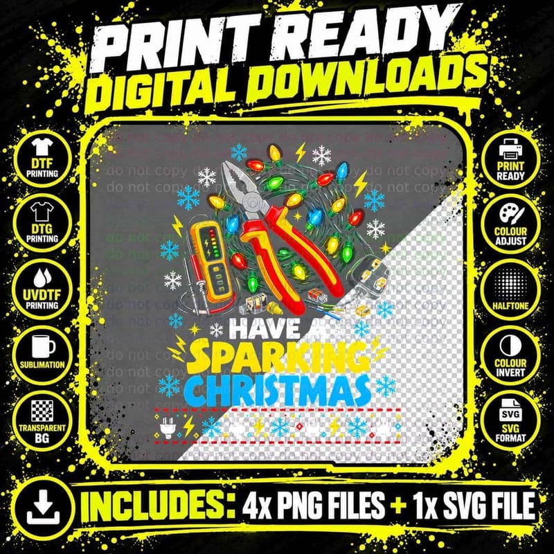 Electrician Pliers Christmas Lights Have a Sparking Png SVG Digital Bundle
