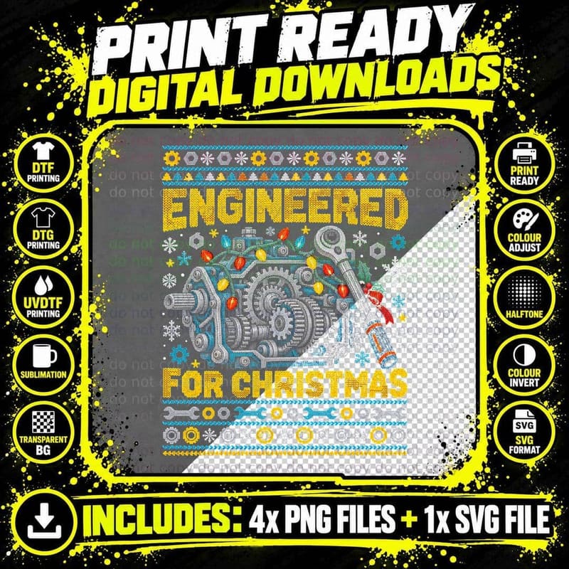 Engineered For Christmas Engine Gears Spanner Ugly Png SVG Digital Bundle