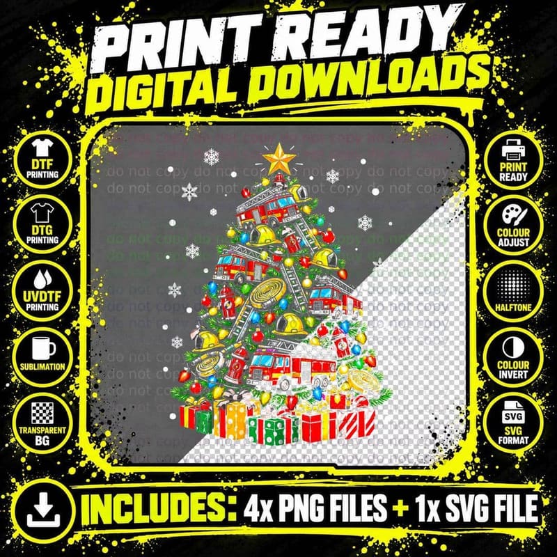 Fire Engine Christmas Tree Firefighter Fire Brigade Png SVG Digital Bundle