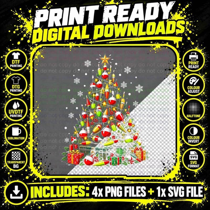 Fishing Float Christmas Tree Bobber Angler Retro Holiday Png SVG Digital Bundle