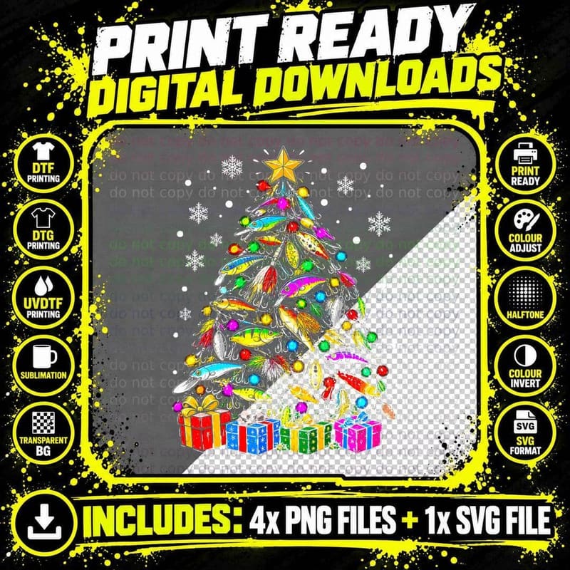 Fishing Lure Christmas Tree Colorful Retro Angler Png SVG Digital Bundle