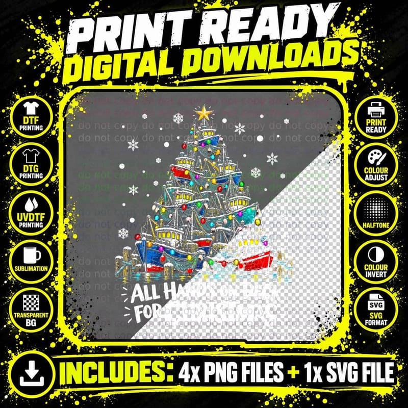 Fishing Trawler Christmas Tree All Hands On Deck Png SVG Digital Bundle