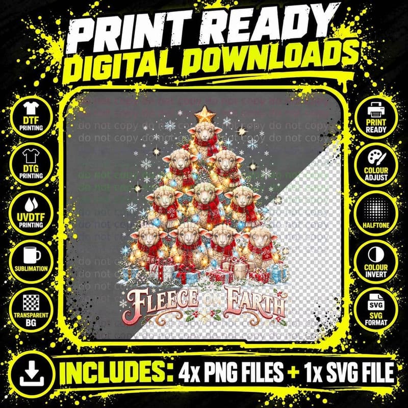 Fleece on Earth Sheep Christmas Tree Cute Lambs Red Png SVG Digital Bundle