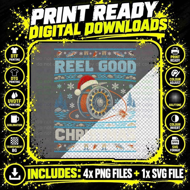 Fly Fishing Christmas Ugly Sweater Trout Angler Reel Png SVG Digital Bundle