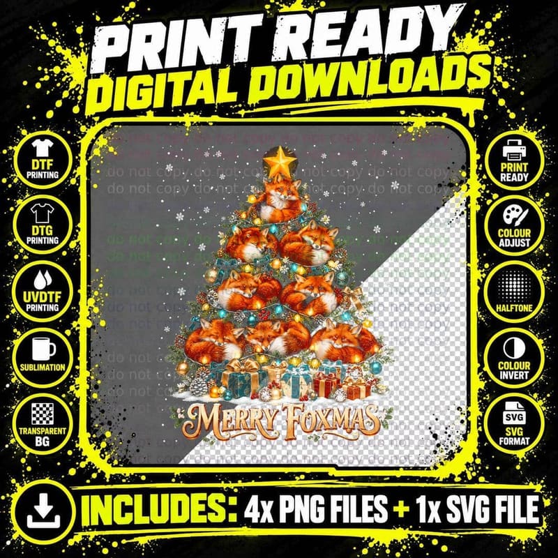 Fox Christmas Tree Merry Foxmas Sleeping Copper Foxes Png SVG Digital Bundle