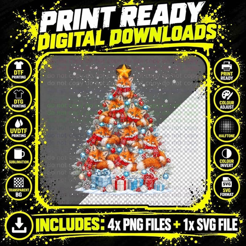 Fox Cub Christmas Tree Frosted Foxes Red Scarves Snowy Png SVG Digital Bundle