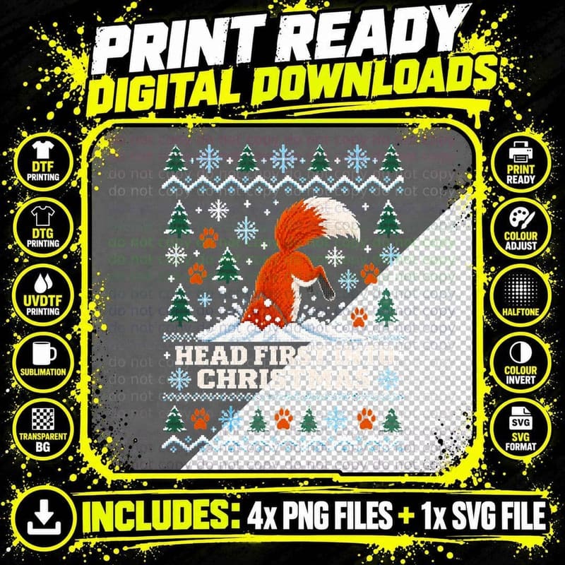 Fox Head First Into Christmas Snow Ugly Sweater Funny Png SVG Digital Bundle