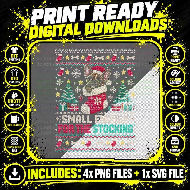 French Bulldog in Stocking Small Enough Funny Christmas Png SVG Digital Bundle
