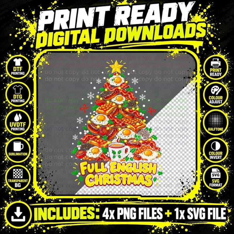 Full English Breakfast Christmas British Foodie Cartoon Png SVG Digital Bundle