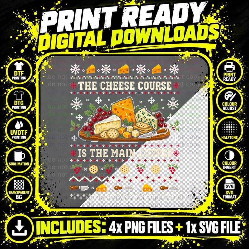 Funny Christmas Cheese Ugly Sweater Foodie Pun Novelty Png SVG Digital Bundle